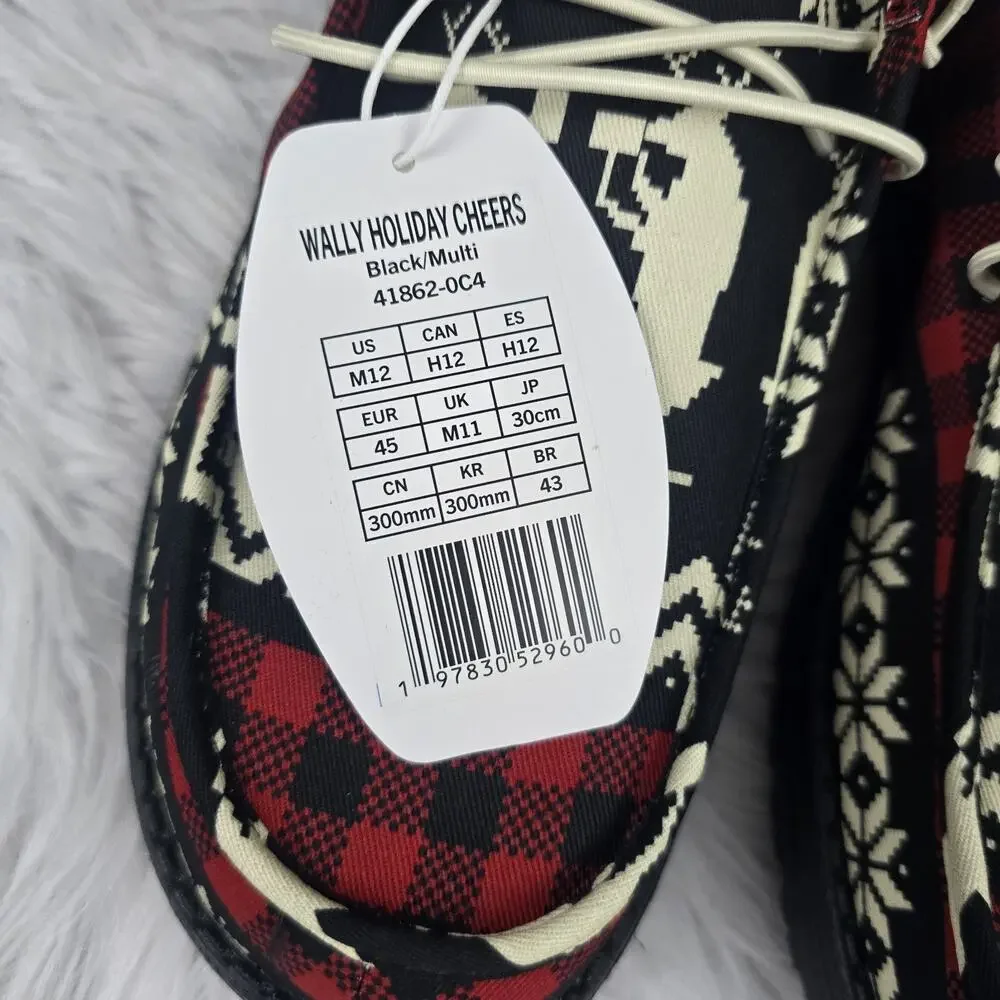 Hey Dude Wally Holiday Cheers Men's Size 12 Black Red Shoes Christmas Dudes
